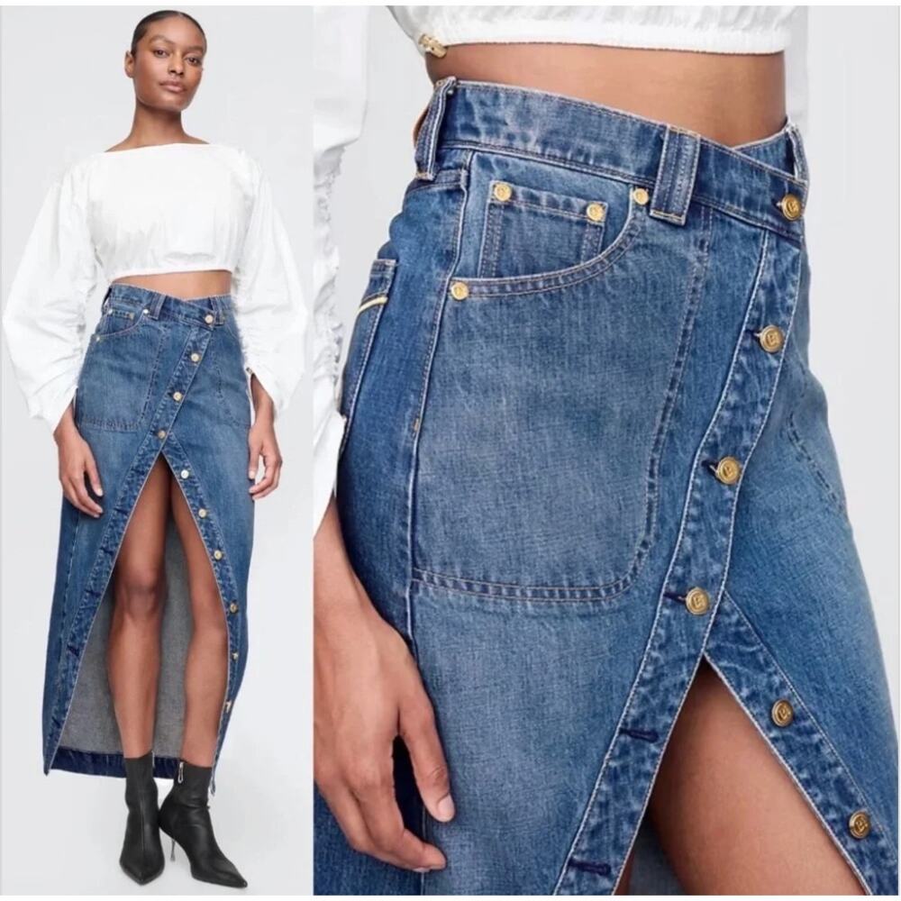 cult gaia Blue Denim Asymmetrical Button-Front Skirt